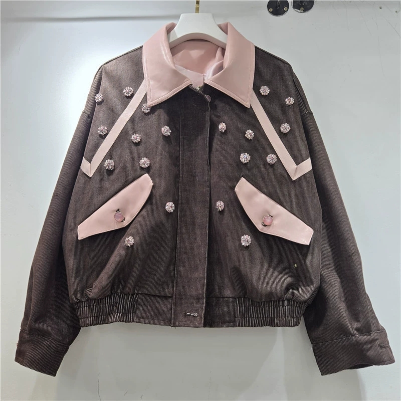 헤비 워크 비즈 꽃 장식 코듀로이 재킷 그레이 그린 커 - Leatherwork Flowers 리뷰 및 가격