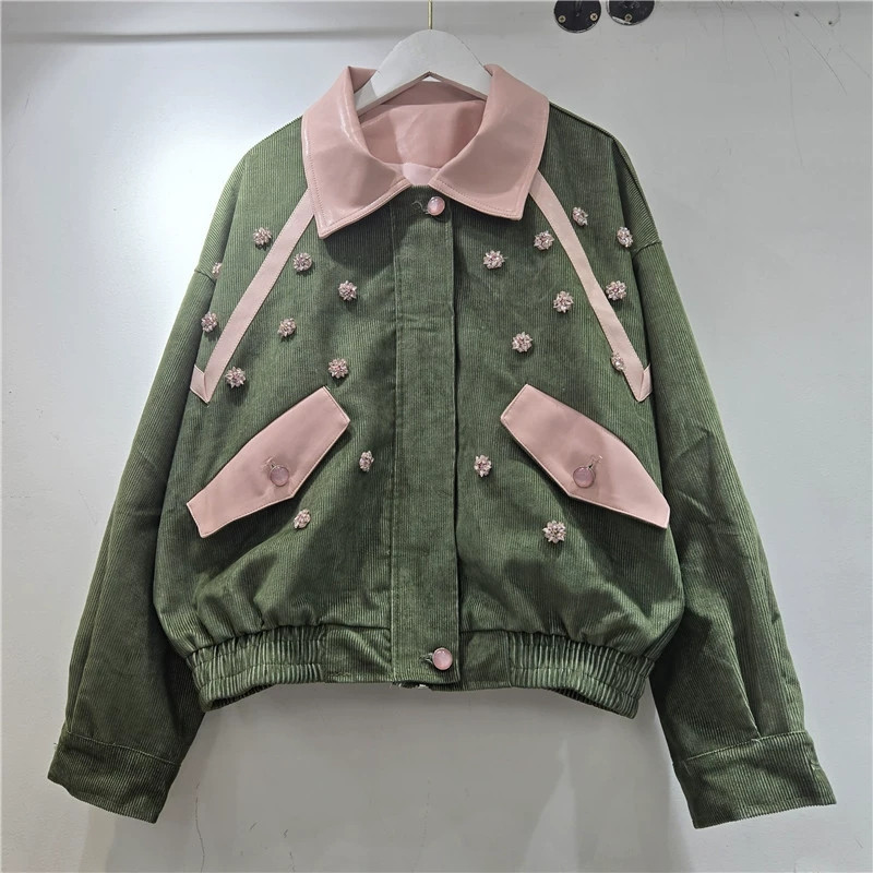 헤비 워크 비즈 꽃 장식 코듀로이 재킷 그레이 그린 커 - Leatherwork Flowers 리뷰 및 가격